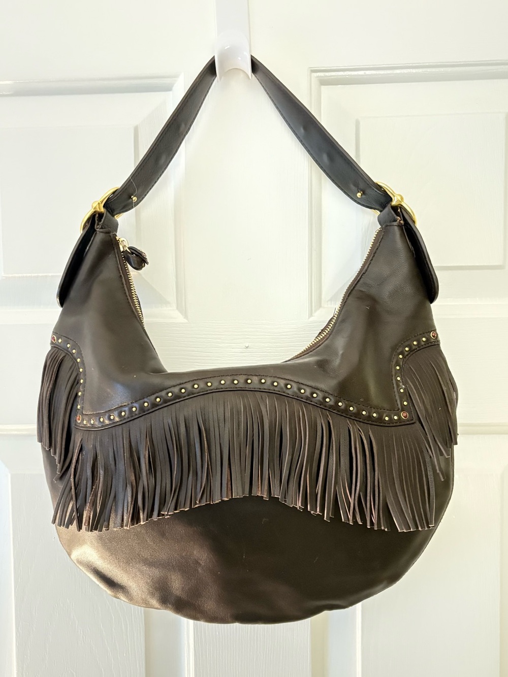 Michael Kors Dark Brown Fringed Hobo with Stud Accents